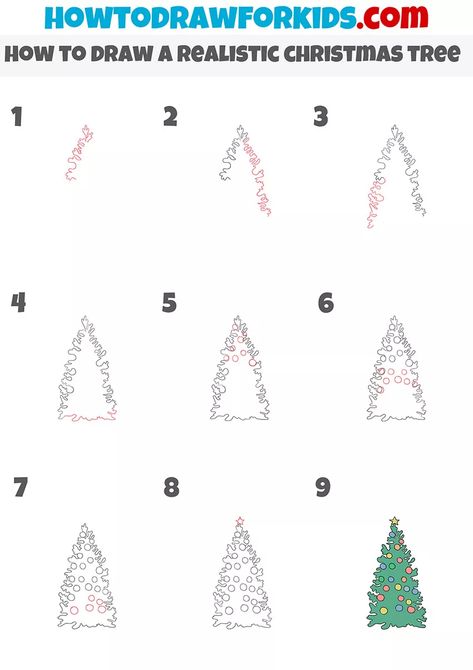 Xmas Tree Drawing, Tree Drawing Tutorial, Draw A Christmas Tree, Trees Drawing Tutorial, Holiday Drawing, Christmas Tree Making, Trees For Kids, Realistic Christmas Trees, Hair Stenciling