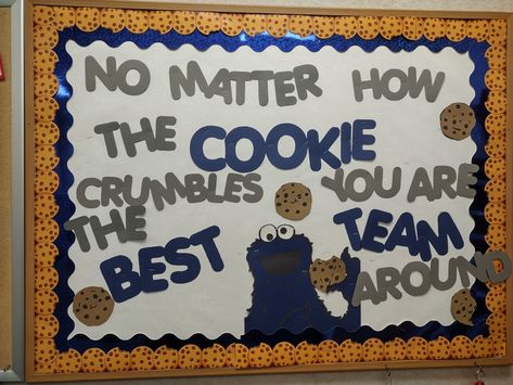 Cookie Bulletin Board Ideas, Cookie Monster Welcome Sign, Cookie Monster Bulletin Board, Monster Door Decoration, Monster Bulletin Boards, Star Bulletin Boards, Work Team Building Activities, Inspirational Bulletin Boards, Work Team Building