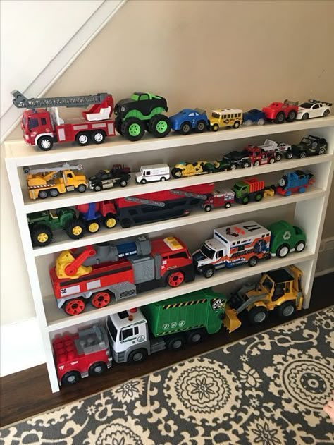 Make a mini shelf for your kids' toy cars and trucks and it's so nice looking at them organized in that corner, inviting you to play with your kids! Visit our post for more toy organization ideas! Toddler Boy Room Ideas, Storage Design Ideas, Toy Car Storage, Toy Storage Ideas, Toddler Boy Room Decor, Toddler Boy Room, Truck Storage, Boy Room Ideas, Boys Room Ideas