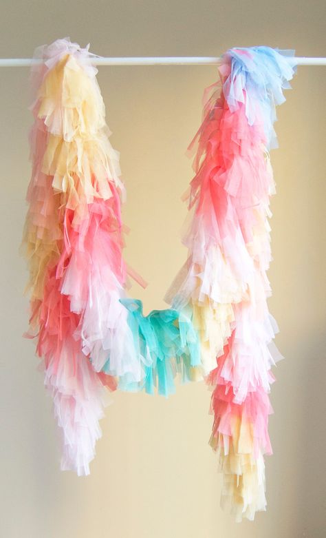 DESCRIPTION Length 116 inches Fringe length 6 inches Unicorn Birthday Decor, Tulle Garland, Diy Streamers, Party Girlande, Unicorn Nursery, Birthday Garland, Girls Tulle Dress, Peppa Pig Birthday, Party Garland