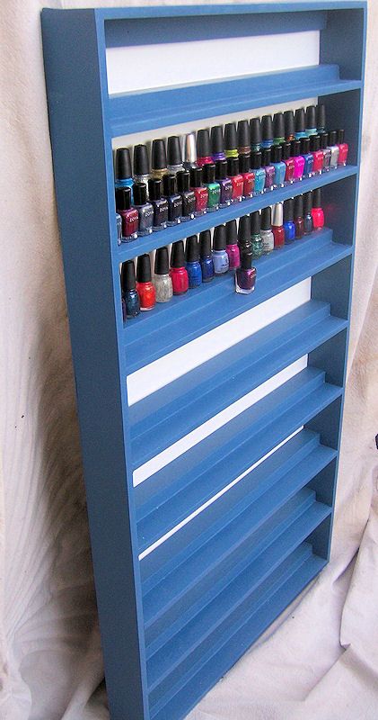 Imperial Palace custom in Long Gone Blue.  https://www.etsy.com/listing/153383244/nail-polish-glitter-bead-storage?ref=shop_home_active Nail Polish Storage For Salon, Nail Polish Racks, Makeup Collection Storage, Nail Polish Shelf, Nail Polish Display, Nail Room Ideas, Nail Salon Ideas, Nail Table, Nail Station