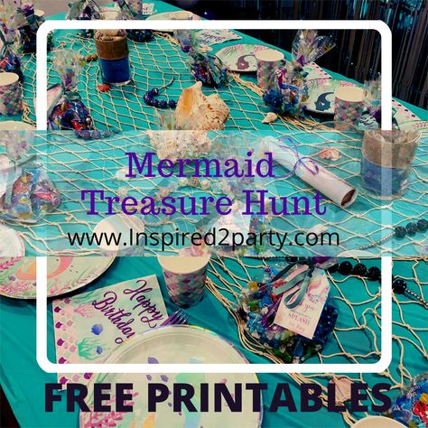 Mermaid Games For Kids, Mermaid Birthday Party Ideas Games, Mermaid Barbie Party, Mermaid Scavenger Hunt, Mermaid Treasure Hunt, Mermaid Birthday Party Decorations Diy, Mermaid Games, Mermaid Balloon Garland, Treasure Hunt Birthday