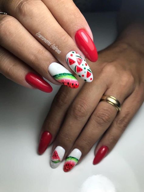 Watermelon Nail Designs, Harry Potter Nail Art, Fruit Nail Designs, Tape Nail Art, Fruit Nail Art, Watermelon Nails, Beauty Nails Design, Sweater Nails, Beige Nails