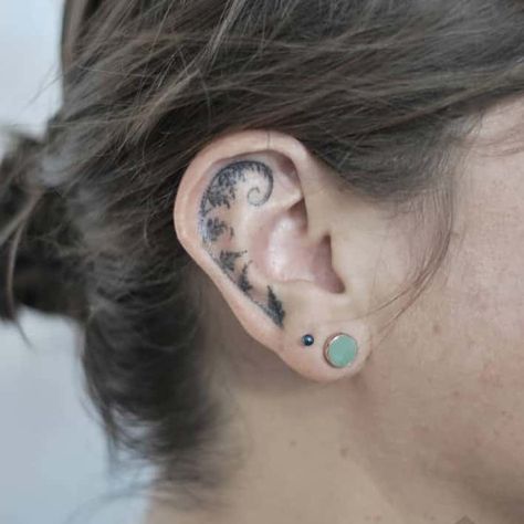 20+ Creative Ear Tattoos That Are Cooler Than Earrings Behind The Ear Tattoo Ideas Ocean, Mountain Ear Tattoo, Edgy Ear Tattoo, Octopus Ear Tattoo, Nature Ear Tattoo, Elf Ear Tattoo, Behind Your Ear Tattoos, Inside Of Ear Tattoo, Unique Ear Tattoos