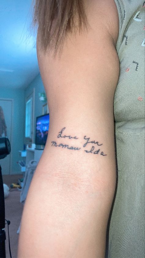 Dainty Handwriting tattoo I Love You Tattoo Handwriting Grandma, Tattoos In Loved Ones Handwriting, Memorial Tattoo Quotes Grandma, Grandma Signature Tattoo, Grandma Writing Tattoo, Nana And Granddaughter Tattoos, Grandparent Handwriting Tattoo, Grandmas Handwriting Tattoos, Parents Handwriting Tattoo Placement