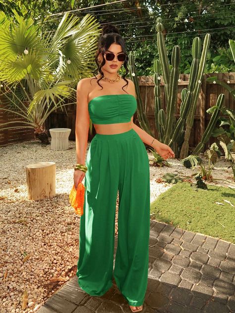 Women Fashionable Ruched Strapless Wide Leg Pants Set Summer Vacation Holiday Beach BOHO Sexyvacation Outfits Women Dark Green Boho    Plain  Medium Stretch Summer Women Clothing, size features are:Bust: ,Length: ,Sleeve Length: Bahamas Yacht, Dark Green Boho, Vacation Outfits Women, Caribbean Style, Plaid Crop Top, Vacation Looks, Aesthetic Outfit Ideas, Beach Boho, Holiday Beach