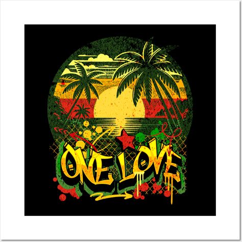 one love Jamaican sunset in red gold and green Rasta colors. Palm trees, sunset, graffiti -- Choose from our vast selection of art prints and posters to match with your desired size to make the perfect print or poster. Pick your favorite: Movies, TV Shows, Art, and so much more! Available in mini, small, medium, large, and extra-large depending on the design. For men, women, and children. Perfect for decoration. Sunset Graffiti, Rasta Vibes, Rastafari Quotes, Iphone Wallpaper Vintage Hipster, Jamaican Colors, Jamaican Art, Rasta Art, Graffiti Images, Reggae Bob Marley