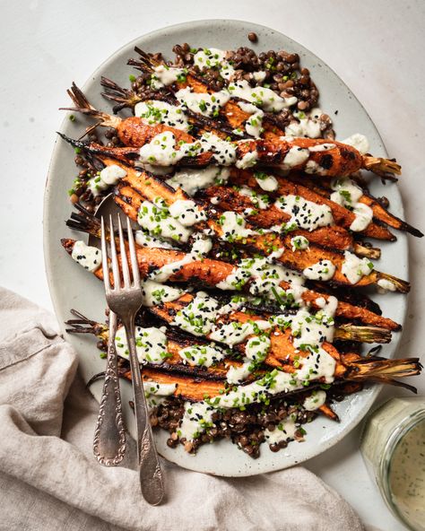 Grilled Carrots, Lentils & Roasted Garlic Chive Yogurt | The First Mess Creamy Sriracha Sauce, Grilled Beets, Carrot Dishes, Grilled Carrots, Grilled Sweet Potatoes, Vegan Worcestershire Sauce, French Lentils, Garlic Chives, Sriracha Sauce