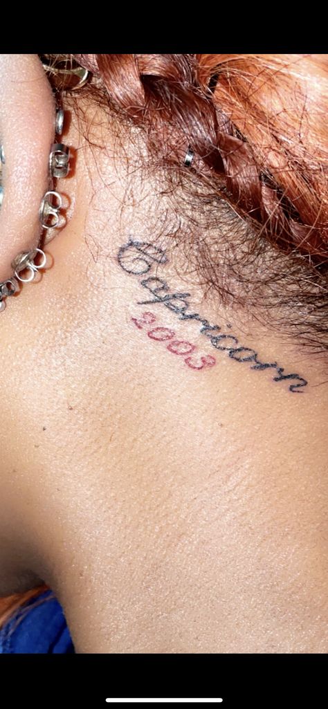 Aquarius Tattoo Behind The Ear, Cool Aquarius Tattoo, Aquarius Ear Tattoo, Sagittarius Neck Tattoo, 2003 Neck Tattoo, Sagittarius Tattoo Black Women, Aquarius Neck Tattoo, Gemini Behind Ear Tattoo, Capricorn Tattoo Black Women