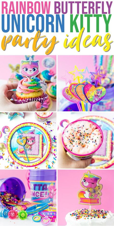 The best rainbow butterfly unicorn kitty party ideas! Everything you need - food, decorations, favors, and more for one colorful celebration. Welcome Home Party Ideas, Rainbow Butterfly Unicorn Kitty, Kitty Party Ideas, Home Party Ideas, Welcome Home Party, Unicorn Party Ideas, Kitty Coloring Pages, Unicorn Kitty, Food Decorations