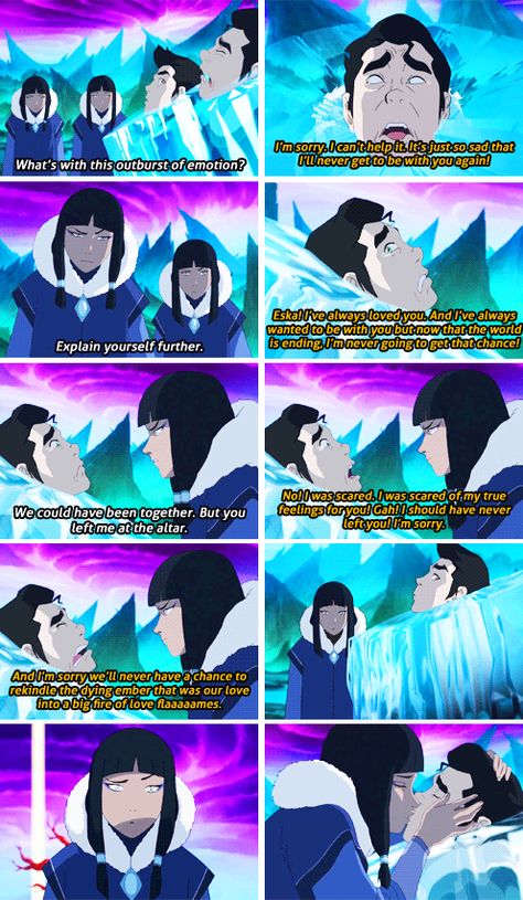 BECAUSE OF THIS MOMENT RIGHT HERE I SHIP THEM SO FREAKING HARD. ESPECIALLY ONCE YOU REALIZE BOLIN WASNT JOKING! Bolin And Eska, Eska Avatar, Desna And Eska, Bolin And Opal, Legend Of Korra Bolin, Avatar State, Water Tribe, Avatar Series, Korra Avatar