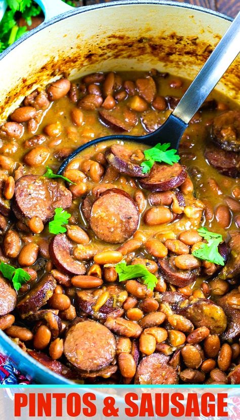 Pintos and Sausage Southern Pinto Beans Recipe, Spicy Southern Kitchen, Pinto Bean Recipes, Smoked Sausage Recipes, Beans And Sausage, Kielbasa Recipes, Southern Kitchen, Sausage Soup, Southern Cooking