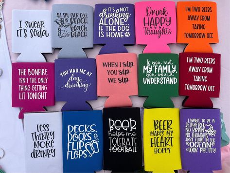 Soft colorful koozies for all occasions! Whether your hosting a party, or keeping your drink cool this summer check out all of our koozie designs. Also ask us about custom options and bulk orders!  Sizes: Tall Can: this koozie fits all seltzer slim can style drinks. Regular Can: this koozie fits all normal sized soda/ beer cans. Coozie Vinyl Ideas, Koozies Diy, Funny Koozies, Koozie Ideas, Koozie Design, Beer Coozie, Funny Drinking Quotes, Drink Koozie, Bunco Party