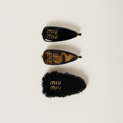 Black Hair Clip Set | Miu Miu Miu Miu Clip, Miu Miu Hair Clip, Miu Miu Set, Spotted Leopard, Miu Miu Accessories, Leather Headband, Black Hair Clips, Gold Orchid, Metal Lettering