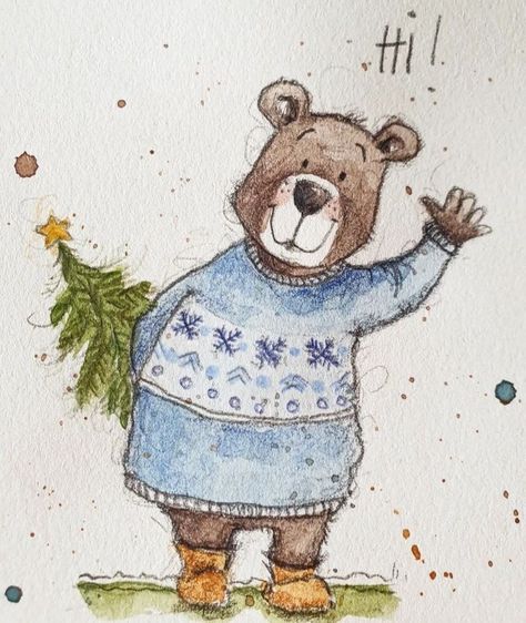 Watercolour Christmas Cards Ideas Funny, Winter Drawing Aesthetic, Christmas Bear Drawing, Class Christmas Gifts, Watercolor Christmas Cards Diy, Christmas Sketch, Winter Drawings, Christmas Canvas Art, Easy Love Drawings