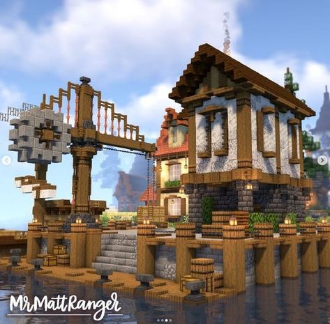 Minecraft Dock House Ideas, Minecraft Fishermen House, Minecraft Medieval Dock Ideas, Minecraft Sea Port, Minecraft Shore House, Minecraft Boat House Ideas, Minecraft Sea Wall, Minecraft Docks Medieval, Medieval Ship Minecraft