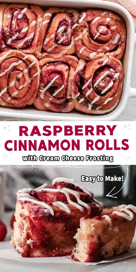 These soft and fluffy RASPBERRY CINNAMON ROLLS have a sweet roll dough filled with raspberries and topped with cream cheese glaze. These Raspberry sweet rolls are perfect for breakfast or brunch. Raspberry Cinnamon Rolls, Sweet Roll Dough, Raspberry Sweet Rolls, Roll Dough Recipe, Fluffy Cinnamon Rolls, Sweet Roll Recipe, Breakfast Board, Breakfast Recipes Sweet, Raspberry Recipes