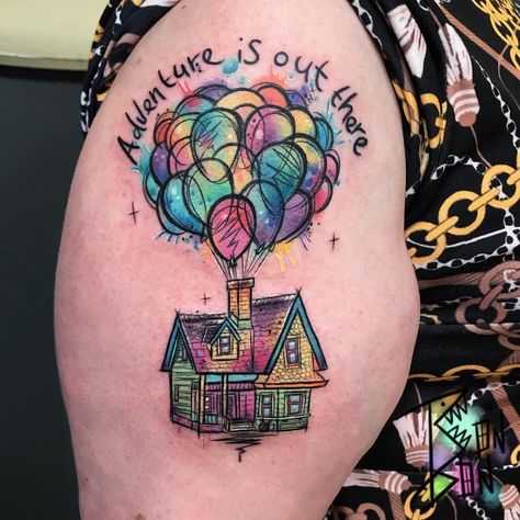 UP House 🌈🎈thanks Claire! #bonbonbizarre #houseofwolves #houseofwolvestattoo #uphouse #disney #disneytattoo Up House Drawing, Disney Sleeve Tattoos, Balloon Tattoo, Up Movie, Movie Tattoo, Marvel Tattoos, Up Tattoo, Disney Up, Home Tattoo