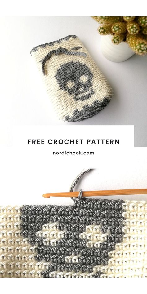 Skull Crochet, Crochet Skull Patterns, Crochet Drawstring Bag, Crochet Drawstring, Crochet Skull, Halloween Crochet Patterns, Tapestry Crochet Patterns, Crochet Design Pattern, Crochet Shawls And Wraps