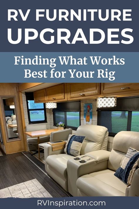 The furniture in your RV is a great barometer of the year it was built. Reupholstering the fabric or adding a slipcover can hide the age, but many RVers eventually choose to replace their old RV furniture with something new. The question is: Do you replace your old furniture with furniture made explicitly for RVs or regular furniture? Check out this article to find out! #rvrenovation #rvinspiration Rv Table Replacement, Rv Recliners, Camper Furniture, Rv Living Room, Rv Sofas, Rv Redo, Rv Furniture, Diy Camper Remodel, Rv Living Full Time