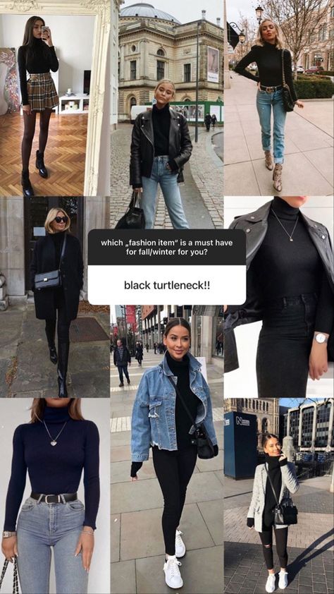 Black turtleneck styling mood board Spring Turtleneck Outfit, Black Turtleneck Bodysuit Outfit, Styling Black Turtleneck, How To Style Black Turtleneck, Cute Turtleneck Outfits, Black Turtleneck Outfit Winter, Black Bodysuit Outfit Winter, Turtle Neck Outfit Winter, Outfits With Black Turtleneck