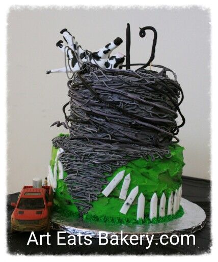 Twister movie themed birthday cake design with buttercream grass edible picket fence, tornado and cow. The pick up truck is not edible. Http://www.arteatsbakery.com 2830 Wade Hampton Blvd, Taylors, SC 29687 #cupcake #yeahthatgreenville #eatthatgreenville #birthday #birthdaycake #greatupstate #brownies #cake #pastry #taylors #greenville #Simpsonville #Spartanburg Tornado Themed Cake, Fournado Birthday Cake, Tornado Cake Design, Twister Movie Themed Party, Two Nado Birthday Cake, Tornado Themed Party, Twonado Birthday Cake, Tornado Birthday Cake, Tornado Cake Birthdays