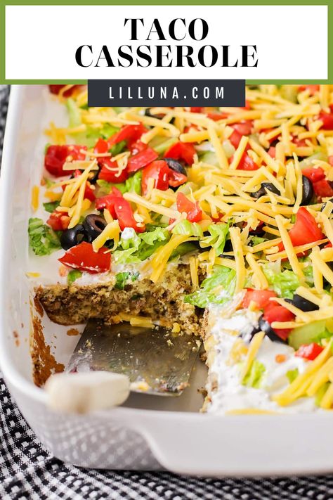 This taco casserole recipe is like a taco salad in casserole form! This taco bake is perfect for dinner or your next potluck. #tacocasserole #casserole #tacorecipe #taco #tacobake Ground Chicken Tacos, Taco Salad Dressing, Chicken Taco Seasoning, Pork Salad, Taco Pasta, Taco Bake, Chicken Enchilada Casserole, Summer Foods, Taco Casserole