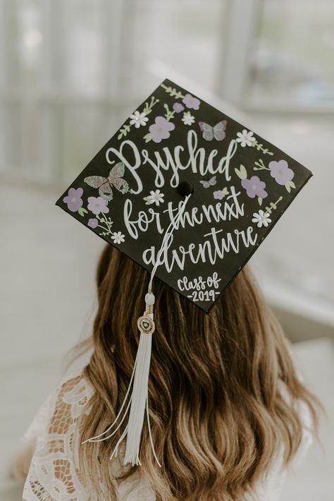 Graduation Cap Design Psychology Psychology Graduation Cap, Psychology Graduation, Grad Cap Decor, Flower Graduation Cap, Graduation Cap Decoration Ideas, Design Psychology, Cap Decoration Ideas, Creative Graduation Caps, College Grad Cap Ideas