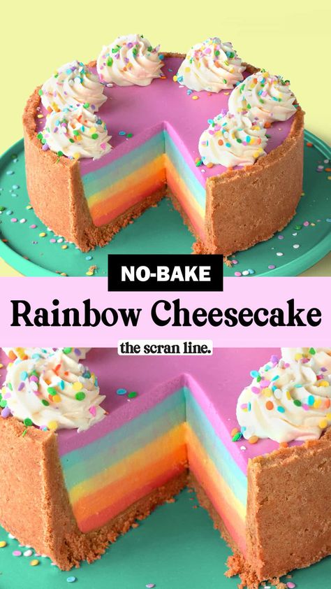 Rainbow Cheesecake Recipe, Non Bake Cheesecake, Scran Line, The Scran Line, Rainbow Cheesecake, Rainbow Baking, Cheesecake Decoration, Cheesecake With Whipped Cream, Birthday Cheesecake