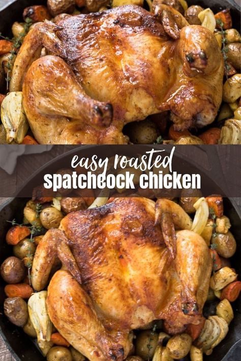 Easy Roasted Spatchcock Chicken is a simple guide on how to prep and roast spatchcock chicken in the oven. It's perfect every time! via @FlavortheMoment #spatchcock #chicken #roasted #onepot #recipe Chicken Marsela, Roasted Spatchcock Chicken, Walnut Chicken Recipe, Verde Soup, Chicken In The Oven, Root Vegetables Recipes, Winter Dinners, Roast Chicken Dinner, Frugal Food