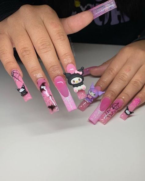 Halloween Sanrio Nails, Sanrio Halloween Nails, Fruit Acrylic Nails, Spooky Sanrio, Acrylic Nails Halloween, Junk Nails, Halloween Acrylic, Halloween Acrylic Nails, Tapered Square