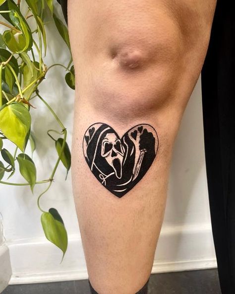 Tiny Ghostface Tattoo, Ghost Face Heart Tattoo, Cute Ghostface Tattoo, Ghostface Heart Tattoo, Ghostface Line Tattoo, Girly Ghostface Tattoo, Ghostface Thigh Tattoo, Halloween Flash Tattoo, Ghostface Tattoo