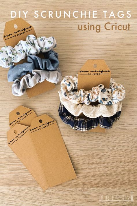 DIY scrunchie tags using Cricut. Start with a label image in Cricut Design Space that can be easily stretched and manipulated to hold a set of about three scrunchies to create your DIY scrunchie tags using a Cricut. #ad #cricutcreated #cricutmade Cricut Scrunchie Tag, Scrunchie Display Cards, Scrunchies Size Chart, Scrunchie Tag Template Free, Scrunchie Designs, Scrunchie Tags, Scrunchie Business, Diy Scrunchie, Diy Hair Scrunchies