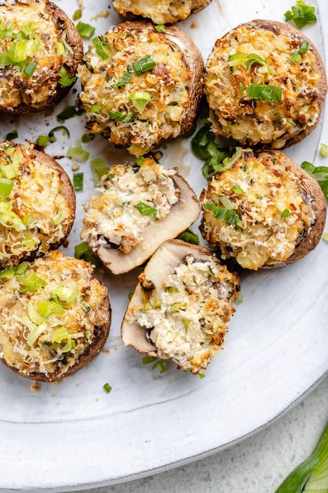 Delicious jalapeño popper stuffed mushrooms baked to perfection for the best holiday appetizer or game day snack! These easy, cheesy jalapeño mushroom bites come together with just a handful of simple ingredients and are guaranteed crowd-pleasers. #stuffedmushrooms #appetizer #vegetarian #holidayrecipe #gameday #vegetarian Vegetarian Holiday Appetizers, Best Stuffed Mushrooms, Easy Stuffed Mushroom Recipe, Stuffed Mushrooms Vegetarian, Mushroom Bites, Best Holiday Appetizers, Stuffed Mushroom, Ambitious Kitchen, Holiday Appetizer