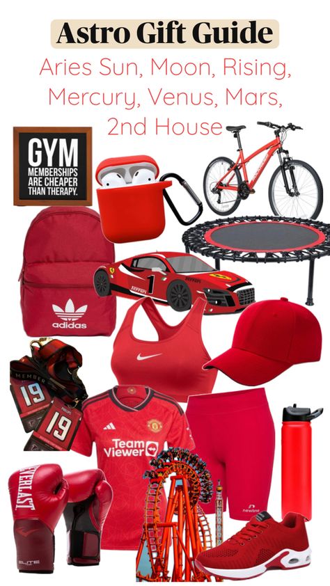 Gift guide for Aries placements. Red sporty items. Aries Sun, Sun Moon Rising, House Gym, Moon Rising, Gym Membership, Gift Guides, Sun Moon, Gift Guide, Mars