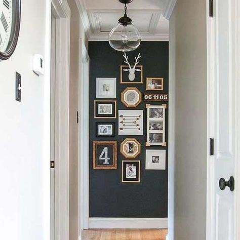 ideas-to-decorate-the-end-of-a-long-hallway-with-a-feature-paint-colour-gallery-wall-or-more-via-little-house-of-four Hallway Collage, Small Hallway Decor, End Of Hallway, Painted Hallway, Hallway Paint Colors, Hallway Ideas Diy, Hallway Gallery Wall, Hallway Paint, Hallway Walls