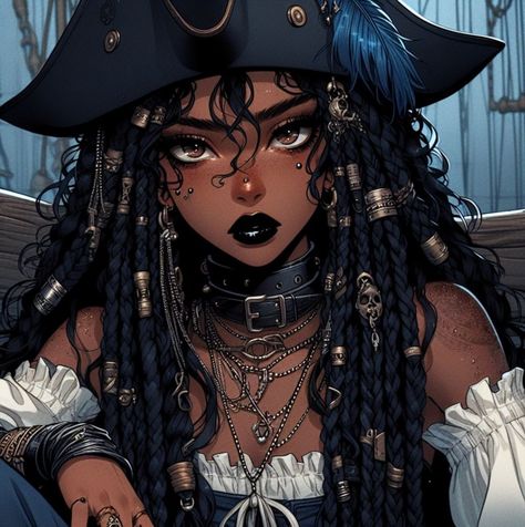 Brown Female Character, Bohemian Character Design, Profile Picture Black Woman, Female Pirate Outfit Drawing, Dark Skin White Hair Character, Black Femboy Art Pfp, Big Afro Aesthetic, Black Woman Pirate, Black Female Pirate