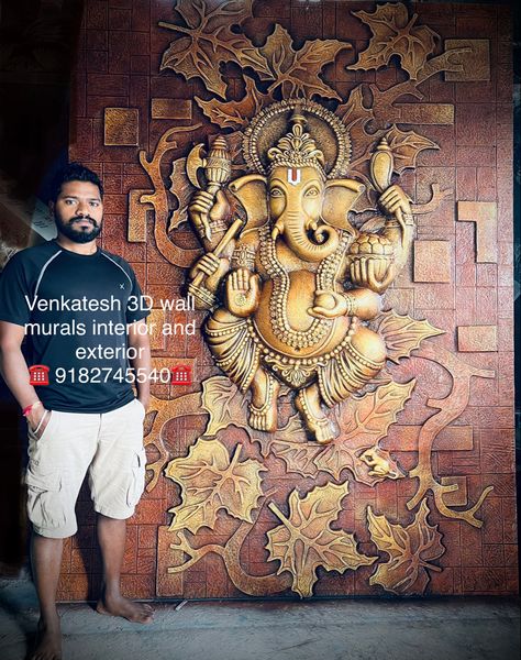 ☎️ 9182745540 ☎️ 3d Ganesha Wall Art, Foyer Design With Ganesha, 3d Wall Art Sculpture, 3d Relief Art, Mural Art Design, Front Wall Design, Temple Design For Home, Wall Texture Design, Buddha Wall Art