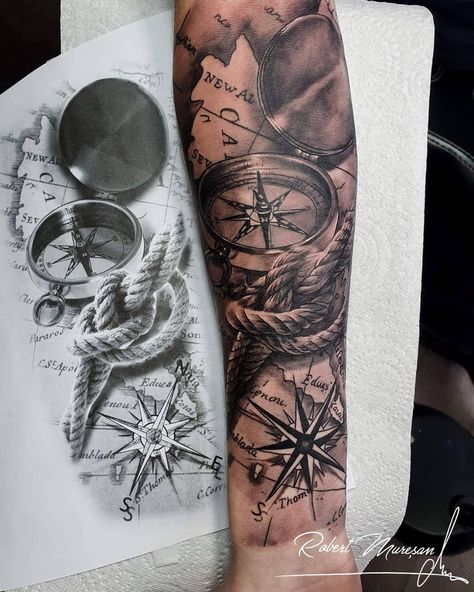 Map Sleeve Tattoos For Guys, Compass Bicep Tattoo, Tattoo Clock Men, Compass Half Sleeve Tattoo, Pocket Compass Tattoo, Best Half Sleeve Tattoos Men, Forearm Compass Tattoo, Compass Sleeve Tattoo, Tattoo Compass Men