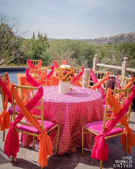 Bringing alive a festive reverence with shades of tangerine and fuschia fused together on a sunny afternoon. 📞 097995 35809 📩 oneworldunitedoffice@gmail.com #wedding #weddingdecor #eventmanagement #decor #indianweddings #florals #eventdecor #weddingday #mehndifunction #mehendiceremony #mehendidecor #vibrantmehendidecor #floralarrangement #floaldecor #mehendievent #eventplanner #mehendisetup Haldi Stage Decor, Bollywood Night, Events Decorations, Mehndi Function, Haldi Decor, Diwali Cards, Night Theme, Mandap Decor, Desi Wedding Decor