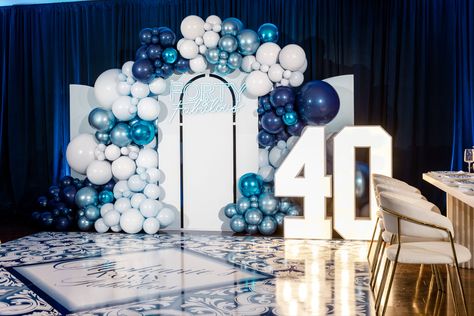 Shades of blue backdrop, navy blue draping, neon sign, balloons, marquee numbers Navy Blue Backdrop, Birthday Photo Backdrop, Marquee Numbers, Blue Backdrop, Fabulous Birthday, Blue Backdrops, Balloon Backdrop, Blue Birthday, Blue Party