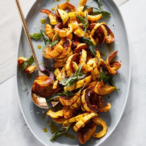 Vegan Roasted Delicata Squash Recipe | Williams Sonoma Dairy Free Thanksgiving Recipes, William Sonoma Recipes, Delicata Squash Recipe, Roasted Delicata Squash, Sage Recipes, Thanksgiving 2022, Roasted Vegetable Recipes, Thanksgiving Recipe, William Sonoma