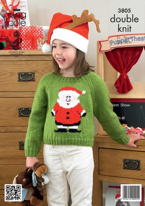 Childrens Christmas jumper pattern Knitted Santa jumper Sweaters - King Cole Christmas knitting Sweaters Knitting Pattern, Knitted Santa, Christmas Sweater Pattern, Kids Sweater Pattern, Free Knitting Patterns For Women, Double Knitting Patterns, Christmas Knitting Patterns Free, Jumper Pattern, Kids Knitting Patterns