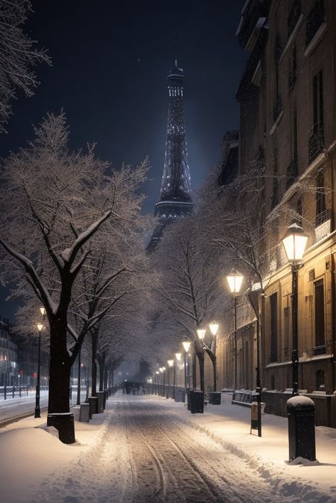 Beautiful Snowy Places, Paris Snow Aesthetic, Snowy Street Night, Snowy City Aesthetic, Paris In Snow, Christmas In Paris Aesthetic, Snowy Paris, France Snow, Winter France