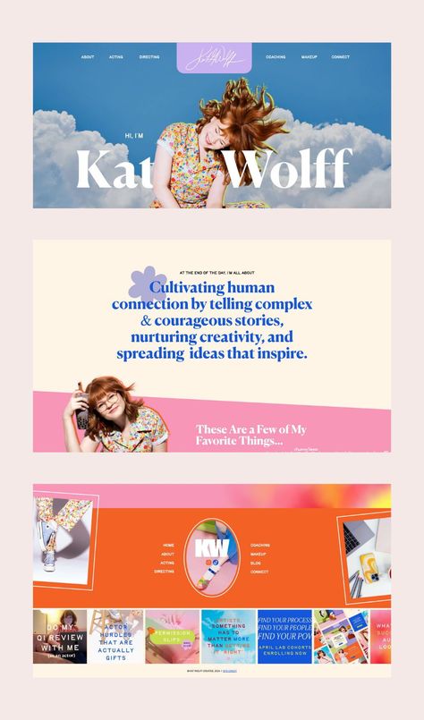 This colorful web design for multi-hyphenate creative entrepreneur Kat Wolff Creates is the perfect blend of personality and professionalism, incorporating a vibrant and bubbly color palette of orange, purple, pink, green, and cobalt; fun tie-dye and gradient textures as website backgrounds, and fun brand photography. Check out the full creative website design project in the Sarah Kleist web design portfolio! Bold Website Color Palette, Creative Website Homepage Design, Purple Orange Branding, Purple Website Design, Fun Web Design, Gradient Website, Colorful Web Design, Cool Website Design, Gradient Branding