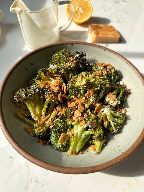 Roasted Caesar Broccoli (gluten-free) - rachLmansfield Caesar Broccoli, Broccoli Dishes, Gluten Free Shopping, Lunch Appetizers, Crispy Cheese, Eat Veggies, Frozen Broccoli, Fresh Broccoli, Dinner Appetizers