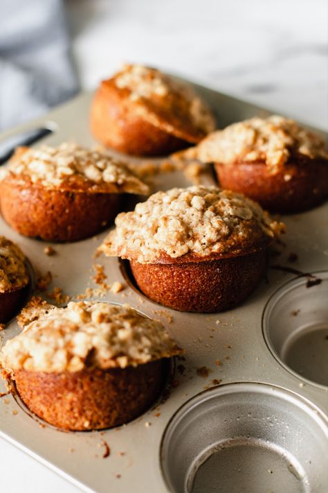 Caramelly golden brown butter banana muffins with a crumbly walnut streusel topping. Honey Banana Muffins, Brown Butter Muffins, Brown Butter Banana Muffins, Banana Crumble Muffins Streusel Topping, Banana Nut Bread With Streusel Topping, Banana Muffins Walnut, Brown Butter Banana Nut Muffins, Banana Muffins Photography, Plain Muffins