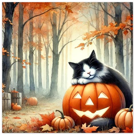 This is a NON-FRAMED PRINT. ✨ YOU WILL RECEIVE: A high quality print of our original work. The print size can be selected from the drop down menu in this listing. ✨ This artwork is matted, but not framed! 🍂🎃 Autumn Dreams - Sleeping Cat on Pumpkin 🎃🍂 Bring the magic of fall into your home with this charming watercolor painting featuring an adorable cat peacefully sleeping on top of a glowing jack-o'-lantern, nestled in a misty autumn forest. The warm tones of the pumpkins and the tranquil fo Watercolor Art Autumn, Seasonal Pictures, Halloween Art Lessons, Cat On Pumpkin, Halloween Forest, Misty Autumn, Autumn Pictures, Fall Paintings, Pumpkin Watercolor