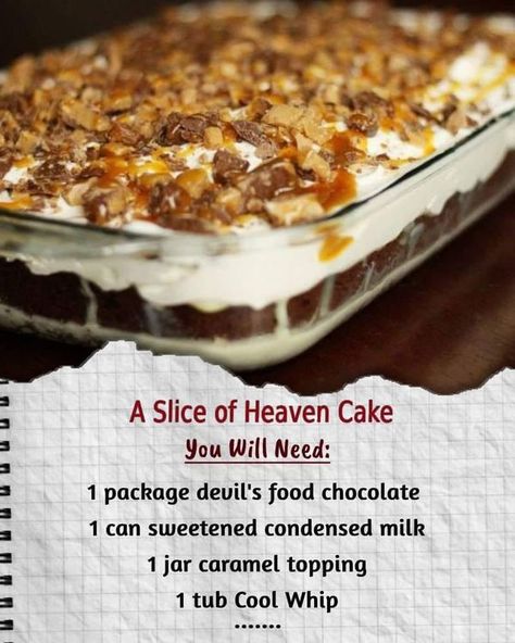 Kent Rollins Recipes | ❤ A Slice of Heaven Cake ❤ | Facebook Snickers Poke Cake, Heaven Cake Recipe, Slice Of Heaven Cake, Desserts Cobbler, Recipe With Caramel, Cool Whip Recipes, Elvis Cake, Cobbler Muffins, Whip Recipes