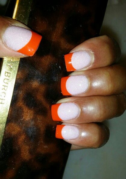 Solar powder tips in Tangerine and solar powder nails beds in Pearl. See the sparkles in the pearl? Nails Noel, Nail Orange, Shiny Nails Glitter, Nail French, Nail Pink, Nail Red, Bright Nail Art, Pink Designs, Orange Nail